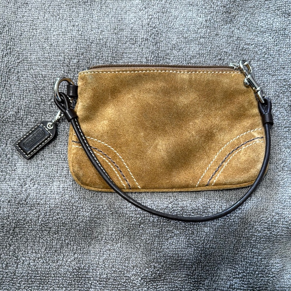 Coach Tan Suede Wristlet with Dark Brown Strap